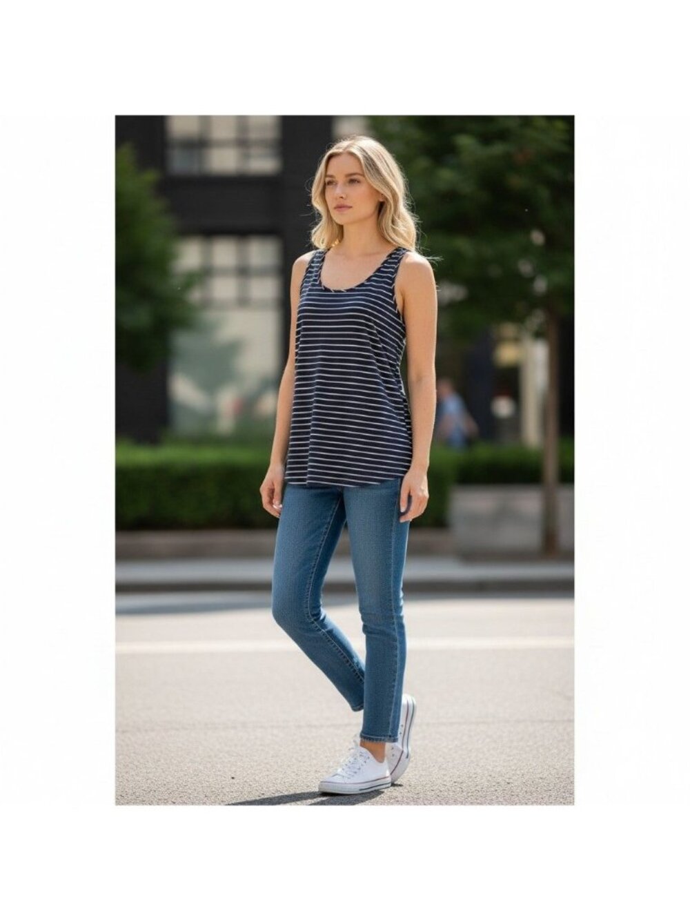 Time And Tru Womens Striped Sleeveless Tank Top S Black & White Polyester Blend